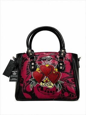 Ed Hardy Lunch Tote Bag Hearts Rhinestone Thermal Insulated Vegan Crossbody